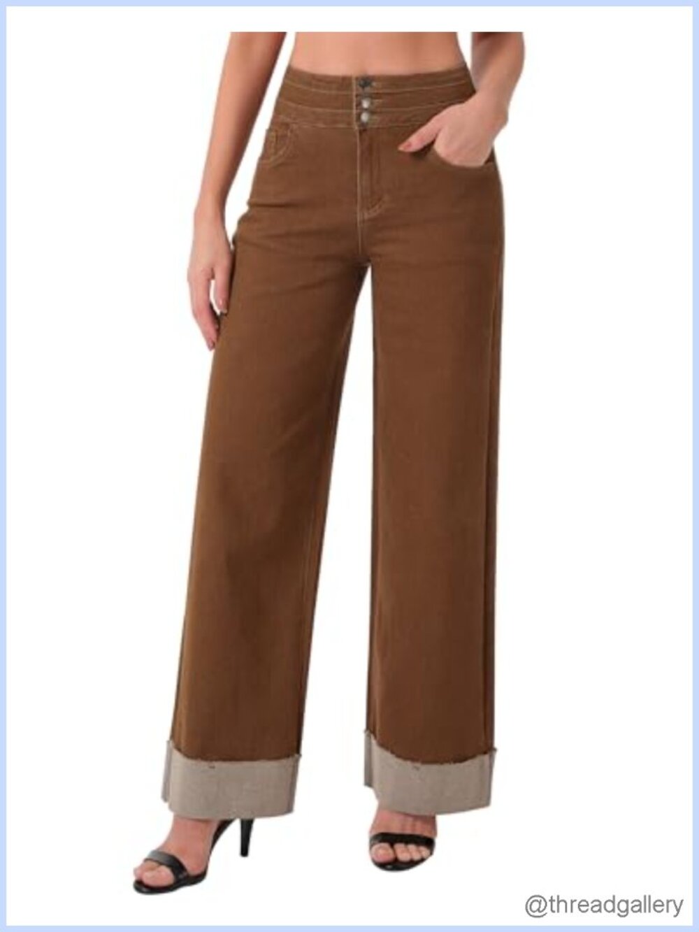 High Waisted Wide Leg Jeans Cuffed Hem Five Pocket Denim
